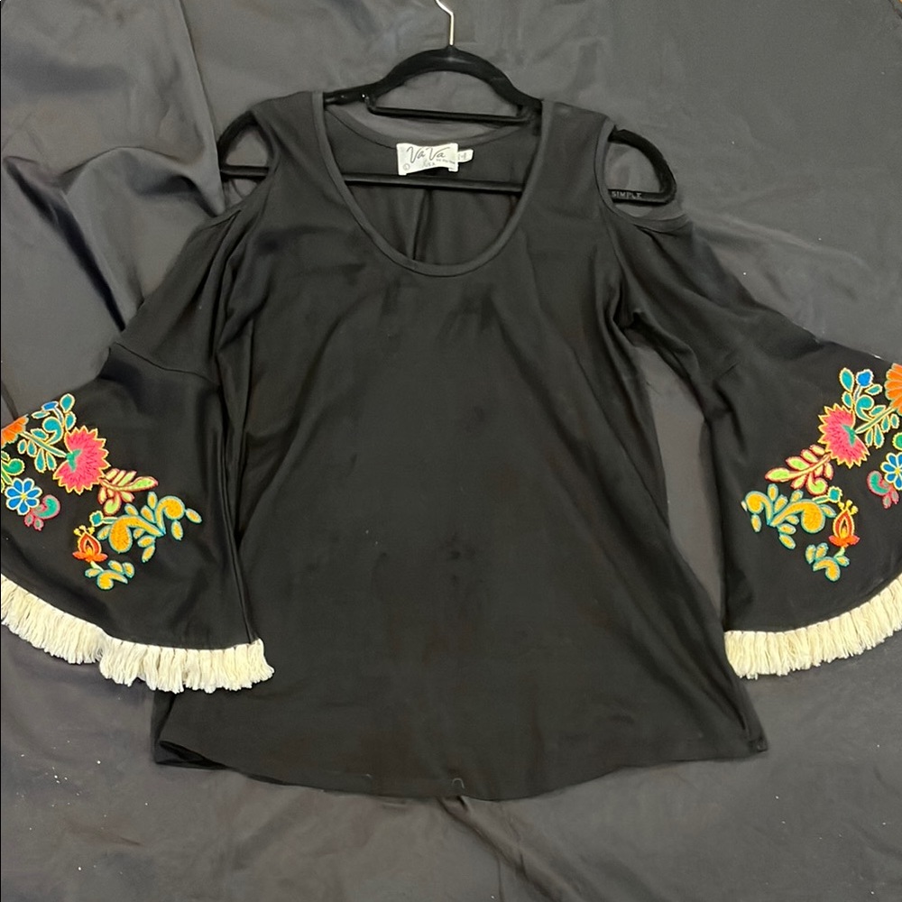 Va Va by Joy Hon Black Embroidered Bell Sleeve Top